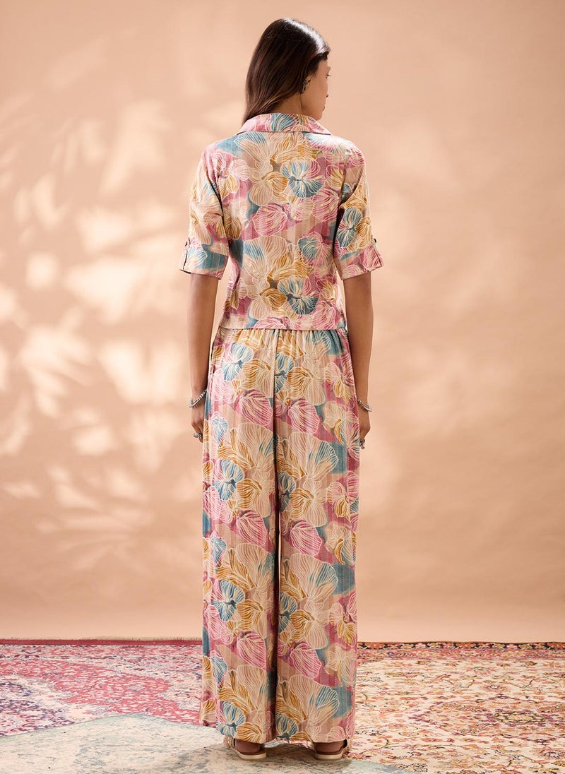 globus Women Multi Color Floral Print Notched Lapel Shirt with Wide Leg Trousers Fusion Co-Ord Set - Image 4